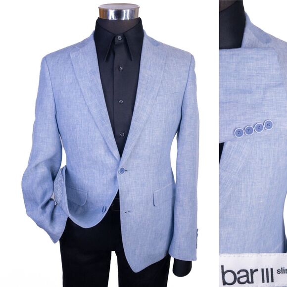 Bar III Sport Coat Jacket Blazer Linen Blue Sz 38S Two Button Dual Vented EUC - Picture 1 of 13